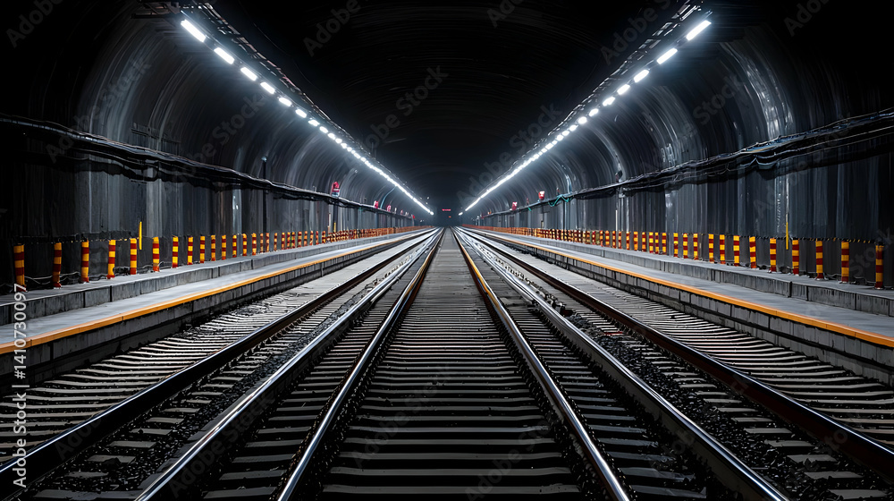 Obraz premium Dark Train Tunnel Interior With Tracks And Platform