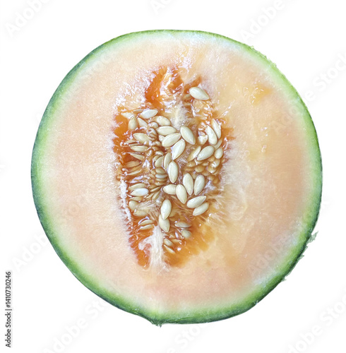 Half of yellow melon with seeds inside, isolated on transparent background. Fresh, juicy, and sweet summer fruit.