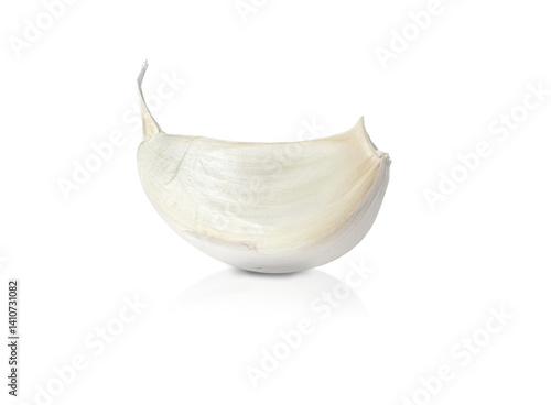 Single unpeeled clove of white garlic isolated on transparent background. Fresh, aromatic and organic kitchen ingredient.