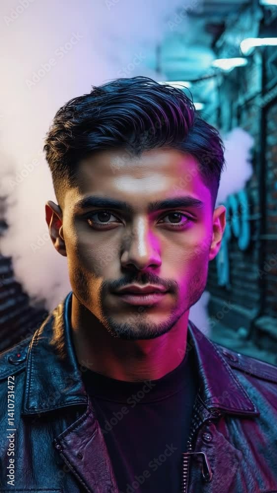 Portrait of a mysterious man with a leather jacket standing in an urban back alley filled with smoke and bright lights Portrait of a mysterious man with a leather jacket standing in an urban back alley filled with smoke and bright lights