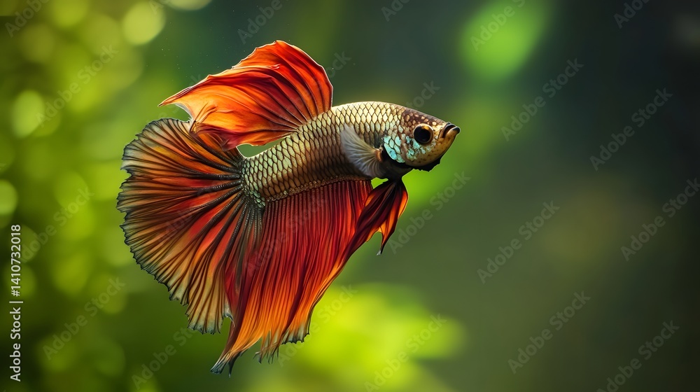 Majestic Betta Splendens: An exquisite Betta Splendens, showcasing vibrant red and orange fins, gracefully swims in a tranquil aquatic environment. Majestic Betta Splendens: An exquisite Betta Splendens, showcasing vibrant red and orange fins, gracefully swims in a tranquil aquatic environment.