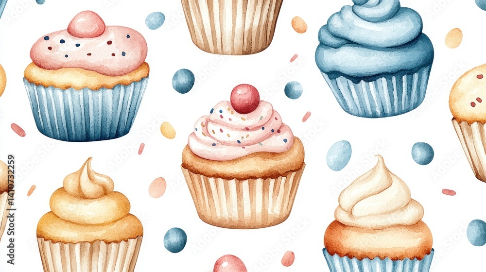 Cupcake pattern. Delightful watercolor art of various cupcake designs on white Cupcake pattern. Delightful watercolor art of various cupcake designs on white