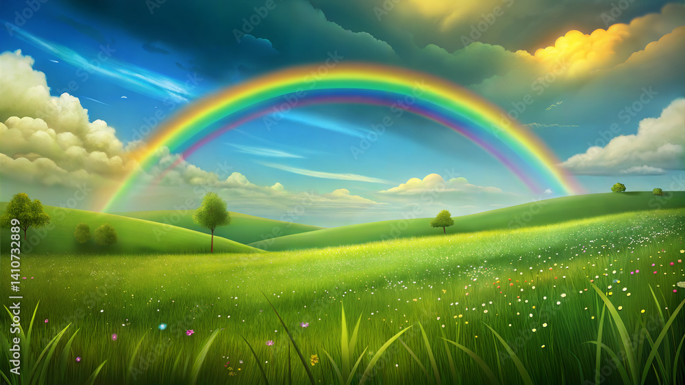 Beautiful Rainbow Over Green Hills Landscape With Flowers And Dramatic Sky Beautiful Rainbow Over Green Hills Landscape With Flowers And Dramatic Sky