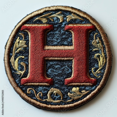 Elegant embroidered patch showcasing a bold letter H adorned with intricate floral designs and rich colors