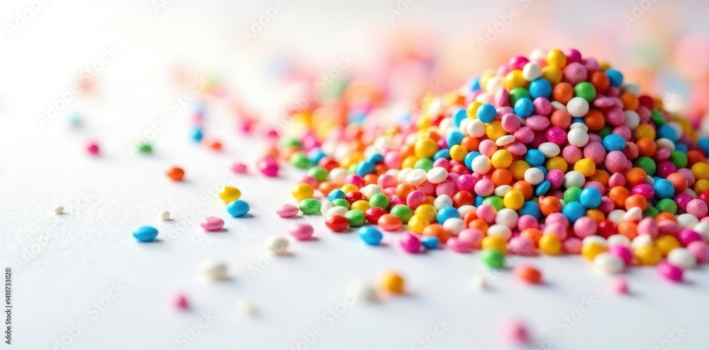 Rainbow sprinkles scattered on white, dense clusters and single grains , joyful, candy texture Rainbow sprinkles scattered on white, dense clusters and single grains , joyful, candy texture