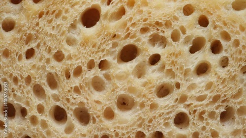 Macro Detail of Bread Crumb Texture with Holes and Uneven Surface, Close-up