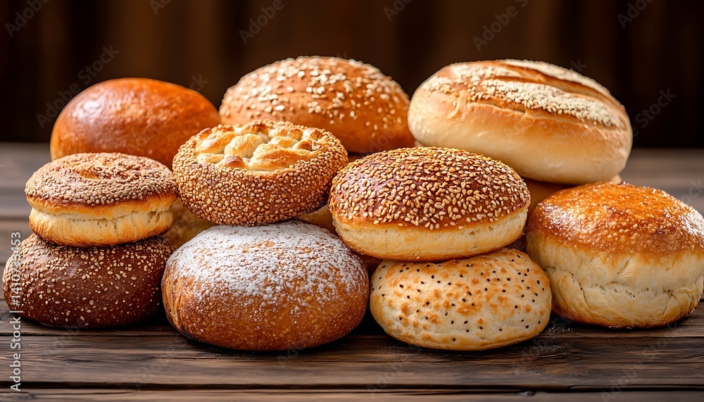 Assortment of Freshly Baked Breads and Rolls on Wooden Table Assortment of Freshly Baked Breads and Rolls on Wooden Table