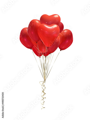 Bunch of red heart-shaped helium balloons floating, isolated on transparent background. Romantic and festive decoration.