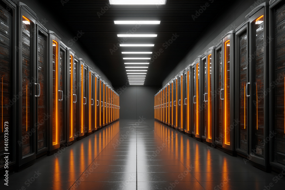 Fototapeta premium Dark corridor with rows of illuminated server racks, showcasing modern data center technology and digital infrastructure, symbolizing technological advancement and connectivity