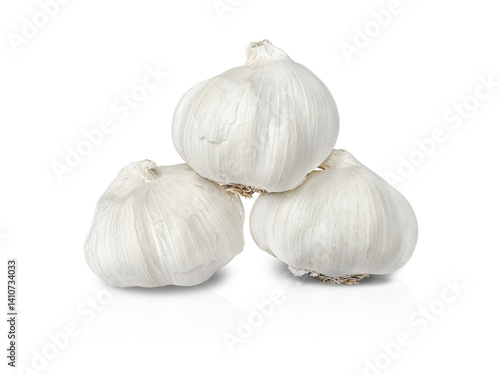 Three whole heads of white garlic isolated on transparent background, fresh and aromatic with natural texture