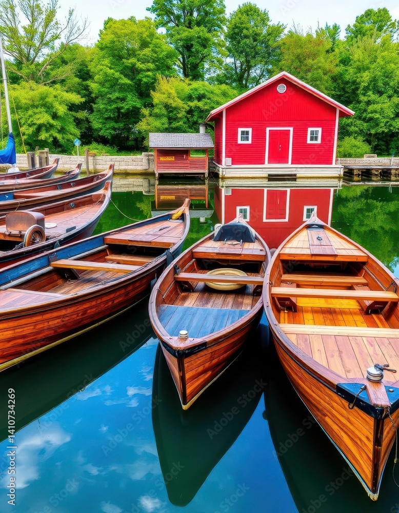 Obraz premium Wooden boats moored at a tranquil waterway, reflecting in calm water beside a red boathouse, pier, peaceful, wood
