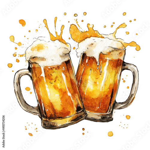 Watercolor beer mugs clinking glasses on transparent background