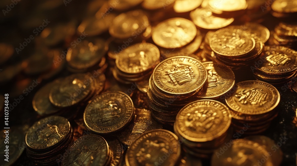 Gold coins close-up, financial wealth, piles of money Gold coins close-up, financial wealth, piles of money