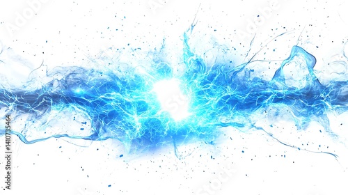 Electric spark with bright blue glow, isolated on white background