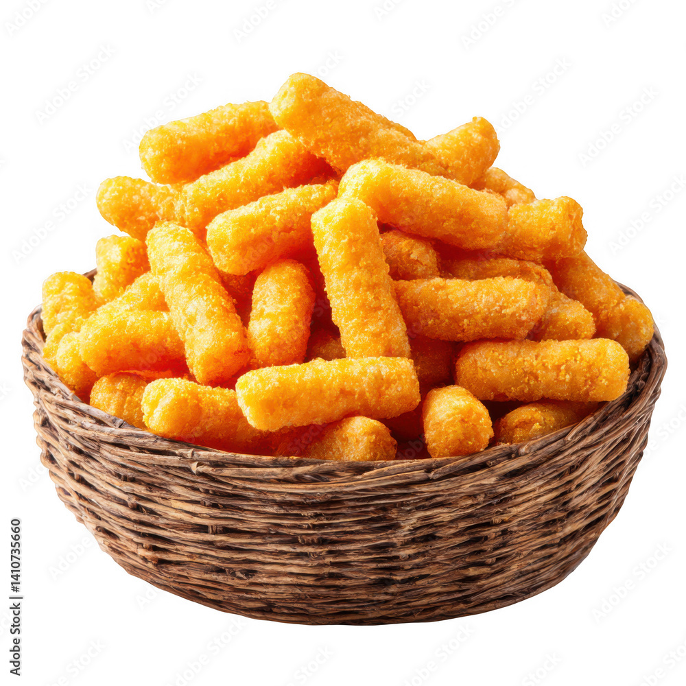 Cheese puffs in basket still life on transparent background Cheese puffs in basket still life on transparent background