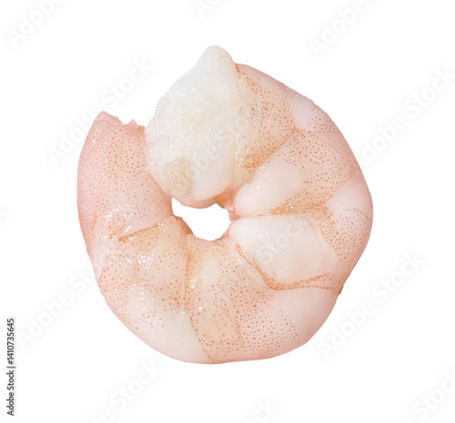Cooked peeled shrimp with tail, isolated on white background. Fresh pink seafood ideal for culinary