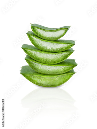 Stack of fresh juicy aloe vera slices isolated on transparent background, vibrant green and full of moisture
