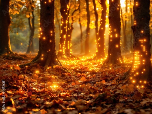 A magical autumn scene featuring trees adorned with warm glowing lights illuminating fallen leaves on the forest floor creating a serene and whimsical atmosphere