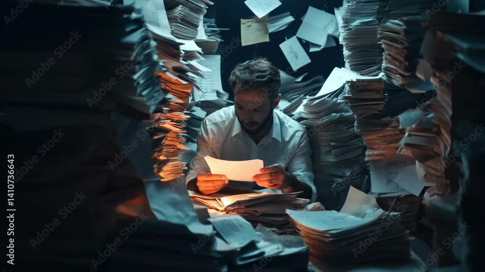 Businessman in pile of papers, working hard, stressed and tired.