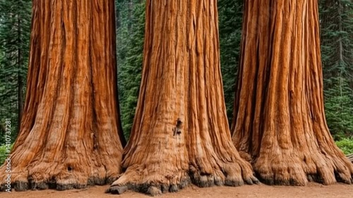 Giant Sequoia trees with reddish-brown textured bark