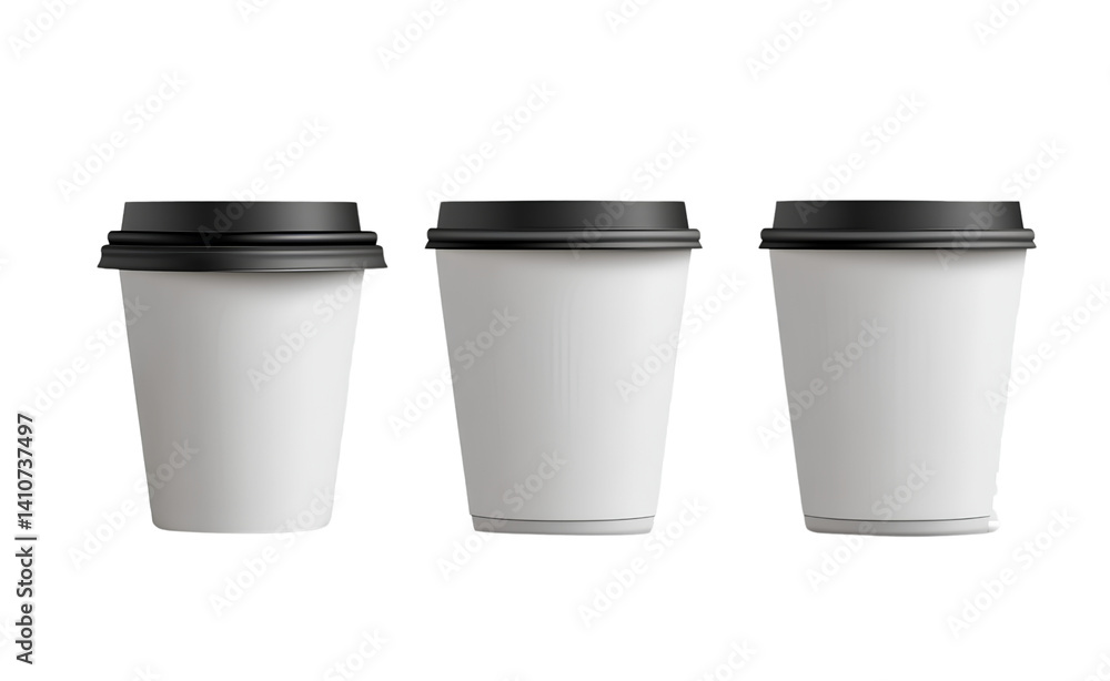 3 white paper coffee cups, ranging in size from large to small, against a transparent background 3 white paper coffee cups, ranging in size from large to small, against a transparent background
