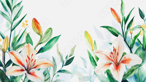 watercolor botanical Lilly flowers texture template background.Elegant wedding invitation card background . Minimal hand painted Design for wedding or Valentine's Day