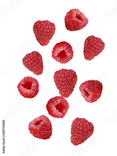 Fresh ripe raspberries levitating in the air on transparent background, isolated and vibrant with rich red color and juicy texture
