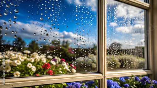 Rainy Window With Flower Garden View On A Bright Sunny Day