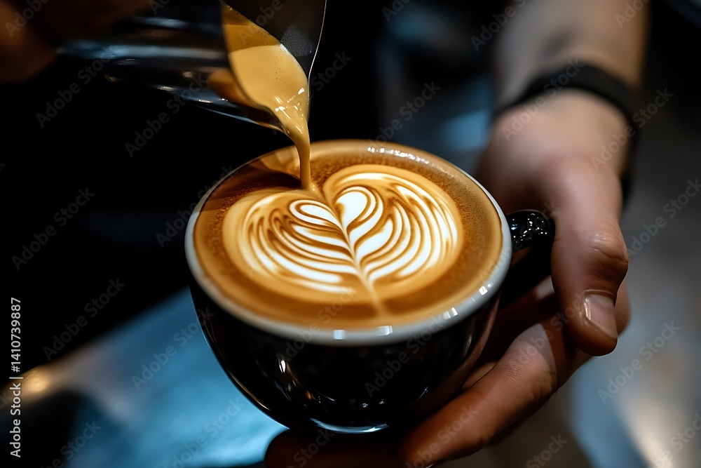 Barista Pouring Latte Art into Coffee Cup Barista Pouring Latte Art into Coffee Cup