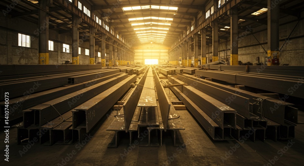 Metal frames lie in rows inside of dark plant with lighting from ceiling. Industrial steel construction. Steel warehouse, construction equipment, building process