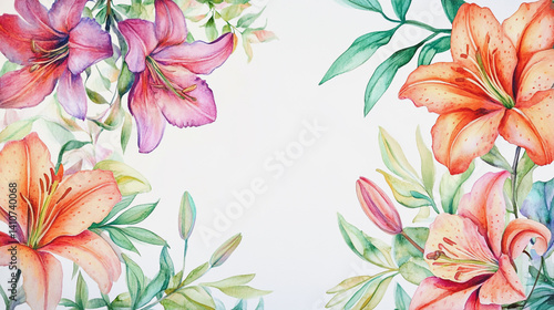 watercolor botanical Lilly flowers texture template background.Elegant wedding invitation card background . Minimal hand painted Design for wedding or Valentine's Day