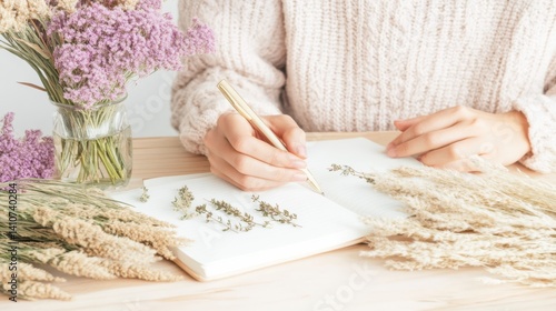 A woman pens down affirmations in a gratitude journal, surrounded by elegant dried flowers, embracing mindfulness and positivity.