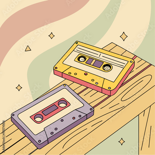 Retro cassette tapes with vibrant colors and nostalgic 80s vibes