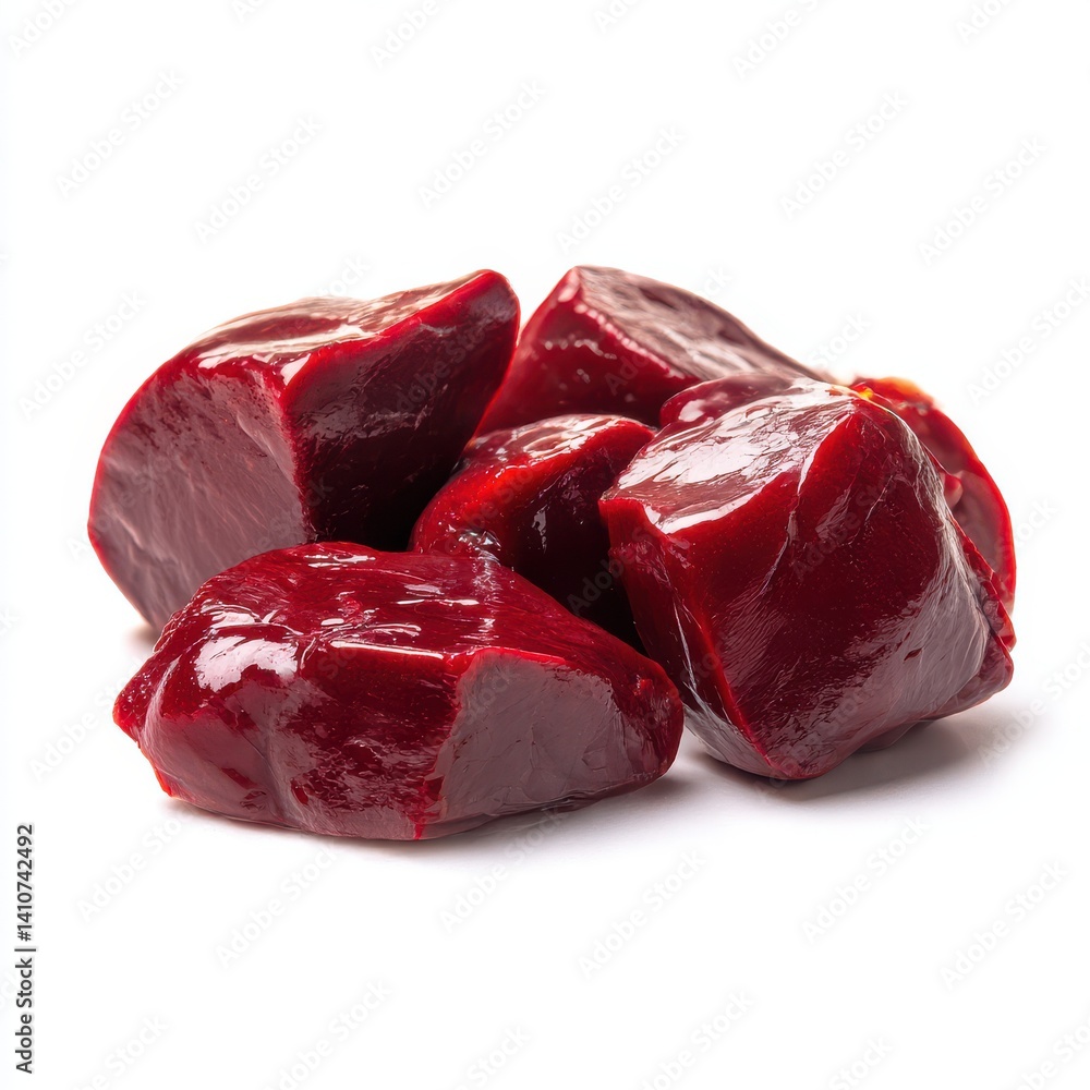 Obraz premium Fresh raw liver pieces isolated on white background close up