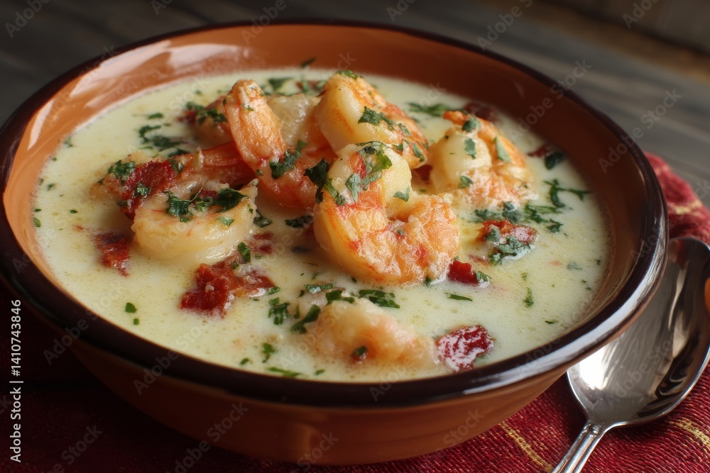 Creamy and flavorful shrimp soup, a delightful seafood meal served in a rustic bowl. Creamy and flavorful shrimp soup, a delightful seafood meal served in a rustic bowl.