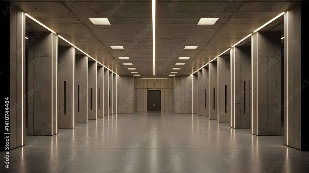 Naklejka premium Long Empty Concrete Corridor With Modern Lighting