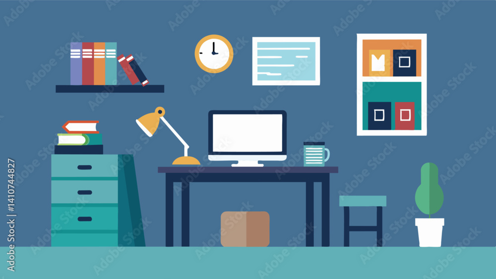 A minimalist bedroom featuring a simple desk with a curated selection of coding books as the main source of study material.. Vector illustration A minimalist bedroom featuring a simple desk with a curated selection of coding books as the main source of study material.. Vector illustration