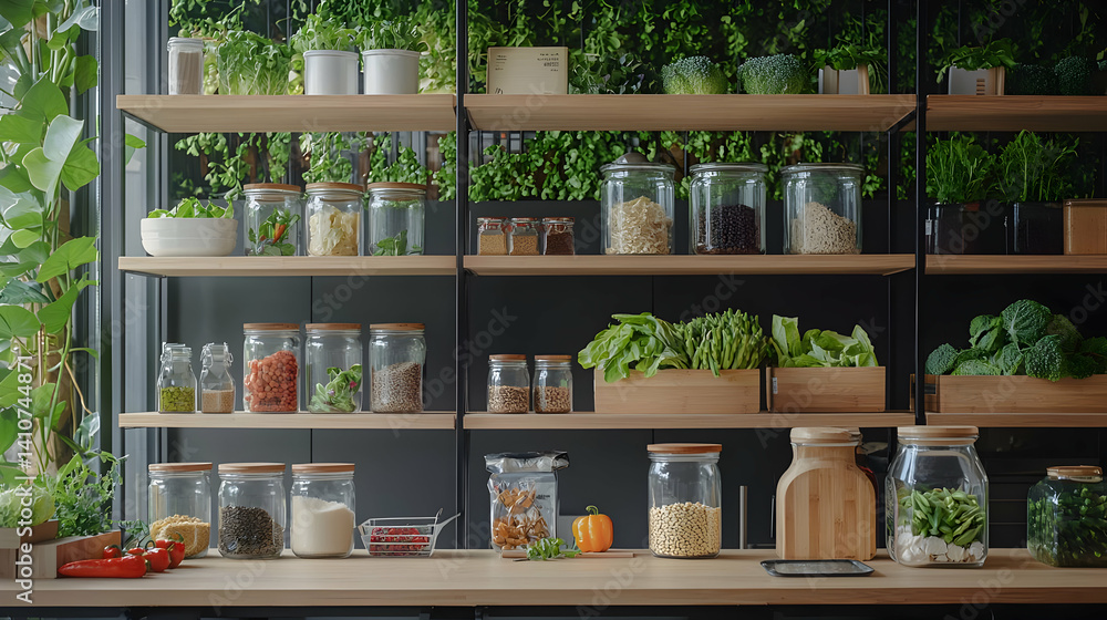 Modern Kitchen Pantry With Wooden Shelves And Glass Jars Modern Kitchen Pantry With Wooden Shelves And Glass Jars