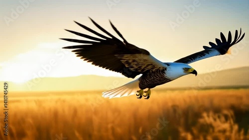 White-Tailed Eagle Soars Above Hortobágy Plains at Sunset Glow