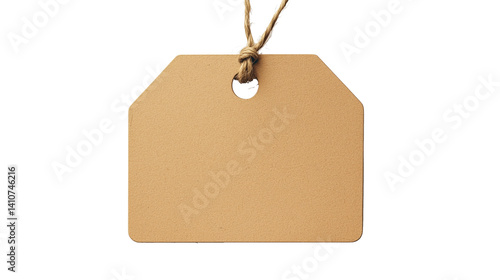 A close-up of a blank kraft paper tag with a round punched hole reinforced with a metal eyelet threaded with thin natural twine. The tag features a rectangular shape with softly rounded corners, evoki
