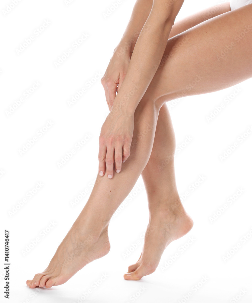 Epilation. Woman showing her legs with smooth soft skin on white background, closeup Epilation. Woman showing her legs with smooth soft skin on white background, closeup
