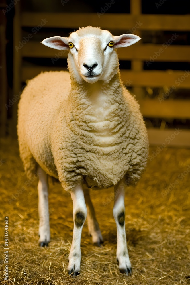 Naklejka premium Fluffy Sheep in Barn Hay Autumn Farm Animal
