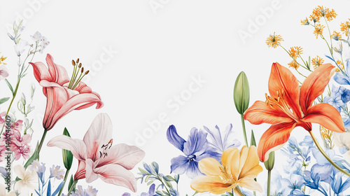 watercolor botanical Lilly flowers texture template background.Elegant wedding invitation card background . Minimal hand painted Design for wedding or Valentine's Day