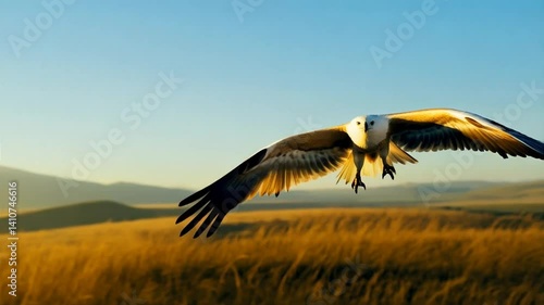White-Tailed Eagle Soars Above Hortobágy Plains at Sunset Glow