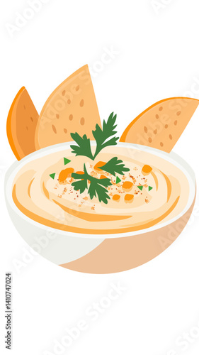 Minimalist Flat Vector of Creamy Hummus Bowl with Pita Bread Ideal for Food Illustrations