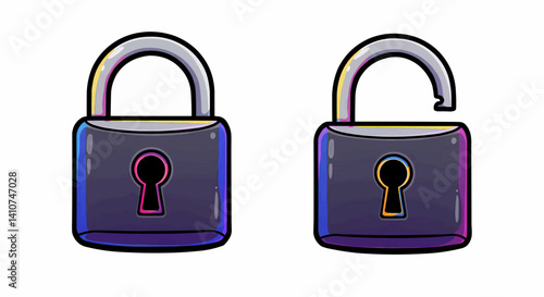Two padlocks, rendered in a bold, cartoonish style with black outlines and filled with glossy, vibrant primary and secondary hues, are shown against a white background. Vector Illustration