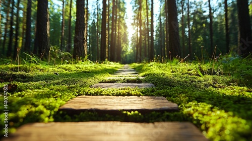 Radiant moss path leading through old-growth forest, earthy colors glowing under sunlight, nature harmony, peaceful forest energy