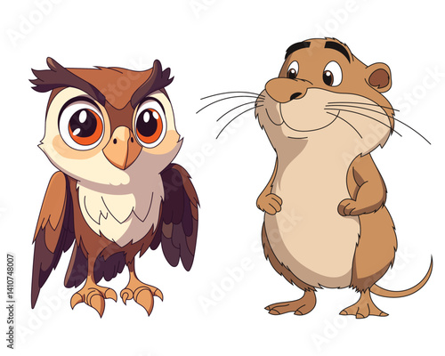 Animated owl and rodent characters stand side by side, presenting a lighthearted and friendly visual concept. Illustration art style.
