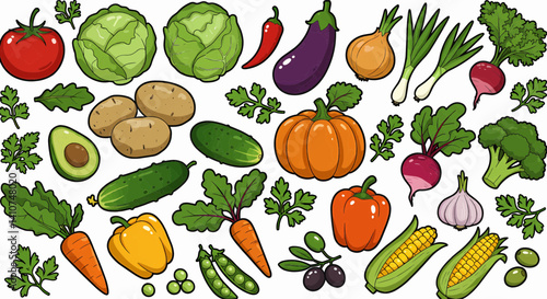 A vibrant, cartoonish illustration of a variety of fruits and vegetables. The items are rendered in bold, black-outlined shapes filled with glossy, primary and secondary colors. Vector Illustration