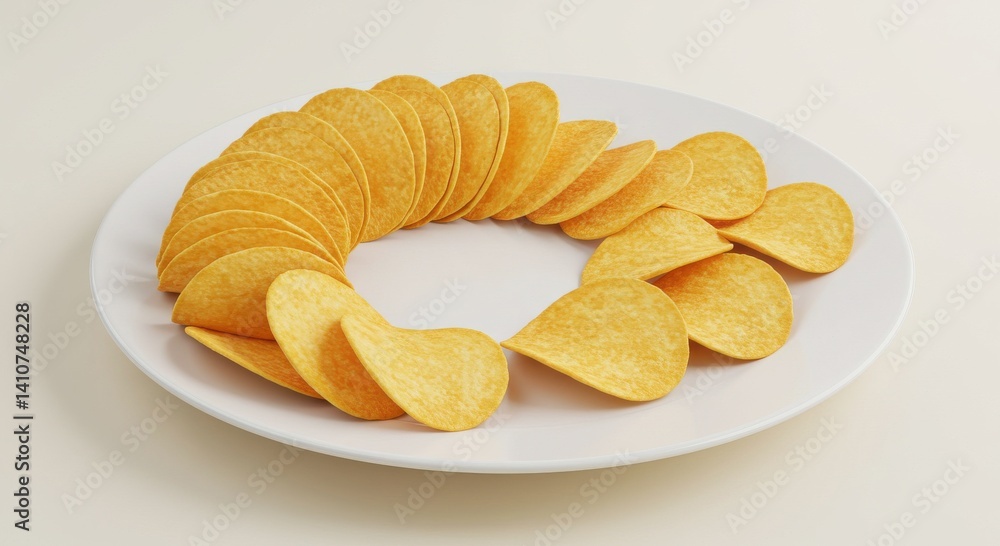 Arrangement of potato chips in a circle on a white plate sitting on a white background surface Arrangement of potato chips in a circle on a white plate sitting on a white background surface